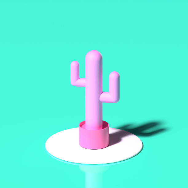 粉红色的单色仙人掌在一个塑料玩具风格的花盆在蓝绿色的背景。3 d渲染。图片下载