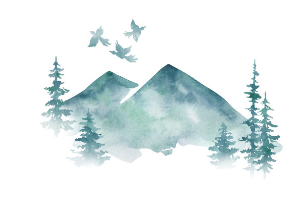 水彩手绘山和冷杉树孤立在白色。常绿树木，森林景观，自然，生态，旅游和远足主题，设计元素，卡片，海报图片下载