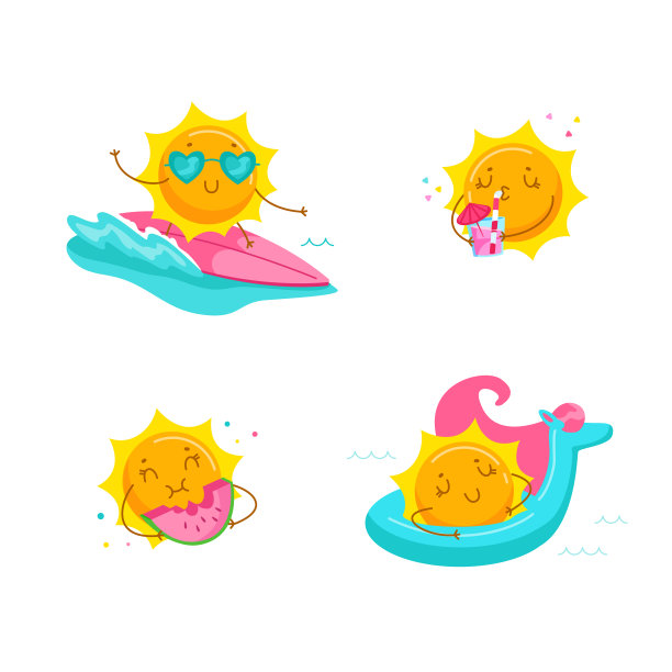 一套可爱的卡通太阳人物冲浪海浪，喝鸡尾酒，吃西瓜，漂浮床垫。卡哇伊人物暑期活动及业余时间。t恤打印。矢量图图片下载