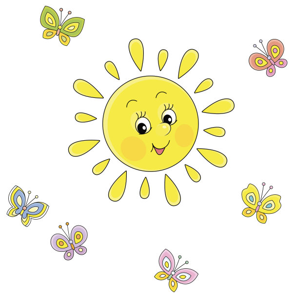 友好微笑的阳光和欢快的蝴蝶图片下载