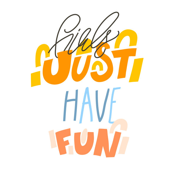 手绘矢量抽象股票图形插图打印与积极手写女孩只是有乐趣的字母文本引用孤立在白色拼贴背景图片下载