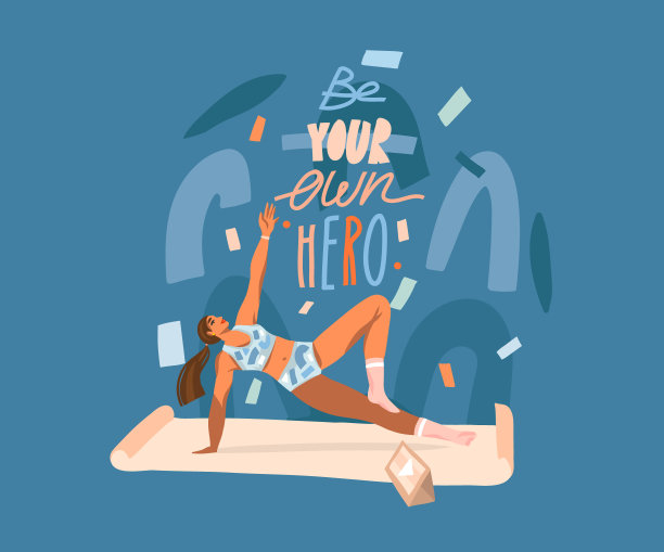 手绘矢量抽象股票图形插图与年轻快乐的女性，在垫子上，看在线培训视频平板电脑和激励字母孤立的颜色拼贴背景图片下载