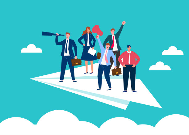 商业团队在纸飞机上飞行，通过望远镜观察，商业计划和目标图片下载