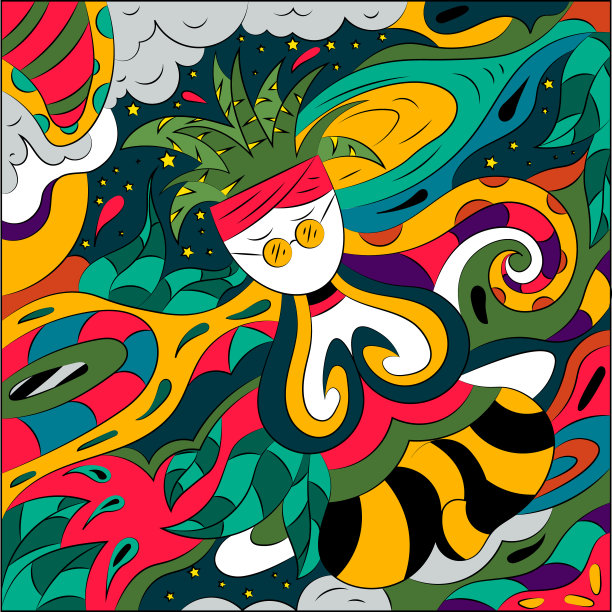 抽象插图与瑜伽在莲花的位置。超现实的背景在充满活力的颜色。图片下载