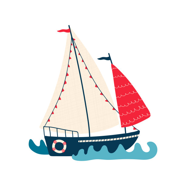 可爱的海上帆船在波浪上孤立的白色背景。设计儿童房间和纺织品的插图。向量图片下载