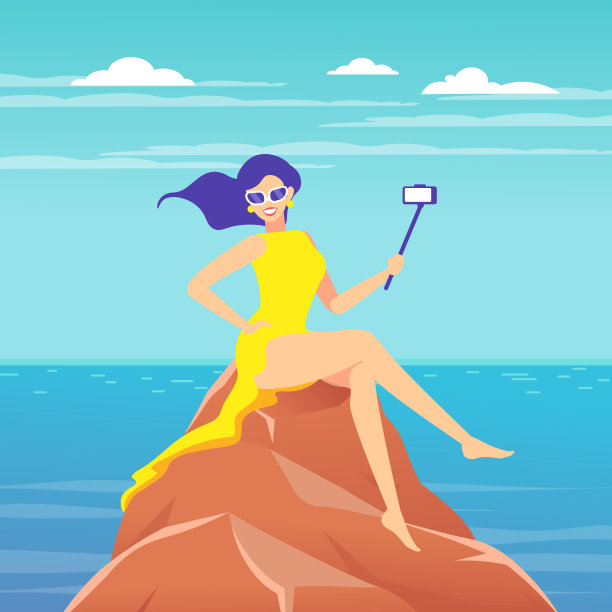 一名女子正在自拍，以海景为背景，借助自拍杆进行录像。图片下载