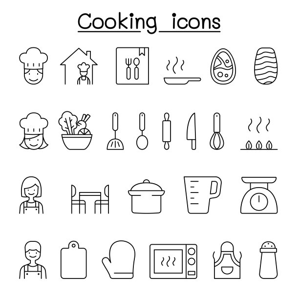 烹饪图标设置在细线风格图片下载