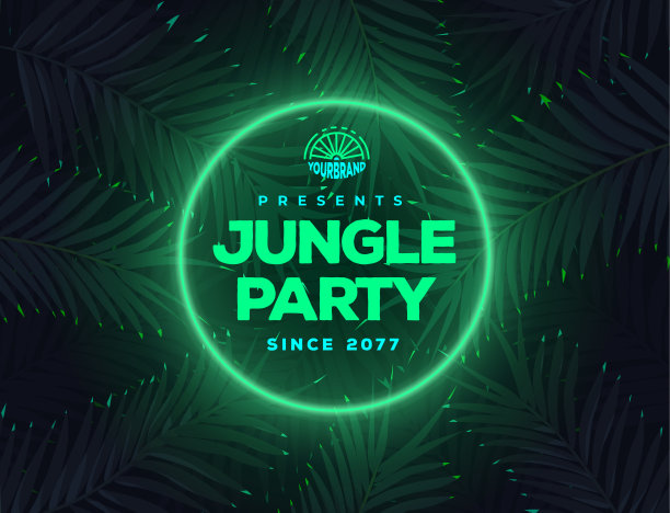 未来的亮绿色霓虹灯圈在赛博朋克风格的丛林或森林背景活动传单或海报图片下载