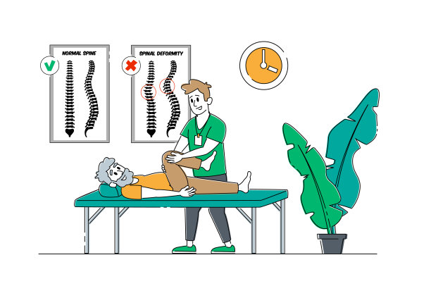 疗养院物理治疗服务。躺在沙发上的老人和年轻的护士或医生检查他的膝盖。禁用年长字符应用医疗保健过程。线性人物矢量图图片下载