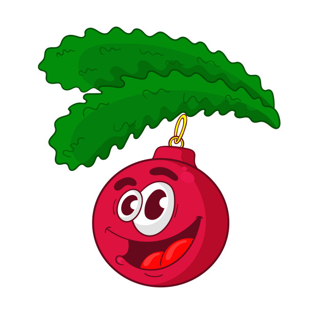 卡通美丽的圣诞球在冷杉树枝上，矢量插图图片下载