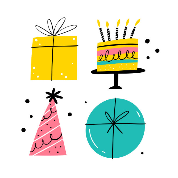一套生日快乐和派对邀请元素。手绘的风格。图片下载