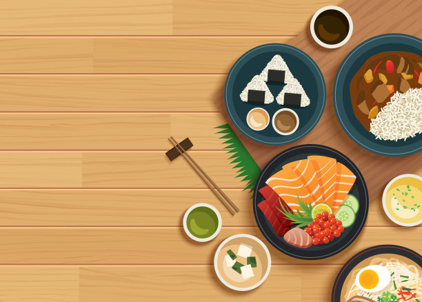 日本食物顶视图木制背景。图片下载