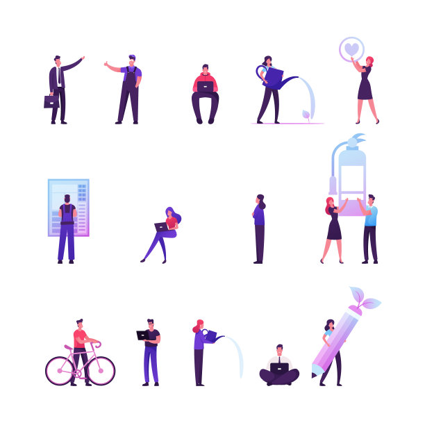 一组男性和女性角色在绿色办公室的笔记本电脑上工作，女人浇植物，男人骑自行车。人们使用灭火器，工作人员在电气面板。卡通矢量图图片下载