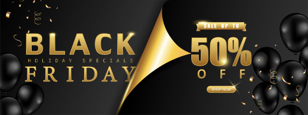 黑色星期五促销，海报或横幅页卷纸概念。特别优惠五折销售装饰气球黑色和金色的背景风格。矢量插图。图片下载