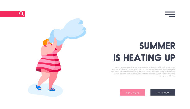 口渴的女孩喝纯水登陆页面模板。炎炎夏日高温下，饮用纯净水提神醒神。卡通矢量图图片下载