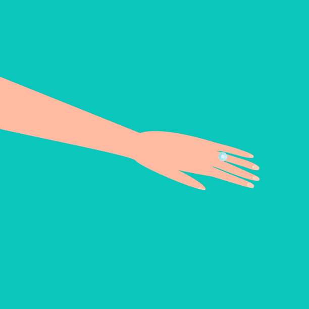 矢量插图在平面卡通风格与手和结婚戒指在绿色背景。图片下载