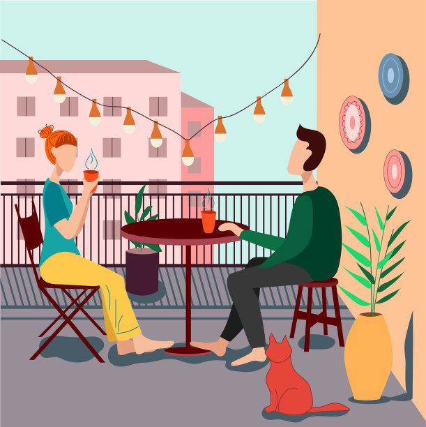一个男人和一个女人在阳台上喝咖啡。这对夫妇坐在可以俯瞰城市的露台上的桌子旁。平面向量图形。图片下载