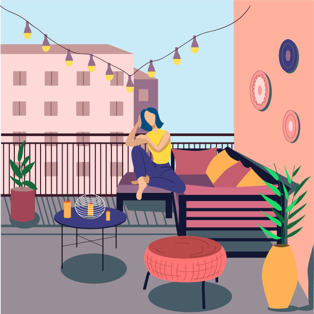 一个年轻的女孩在家里感到无聊。家居装饰，漂亮的室内装饰。那个女孩正坐在阳台上。平面向量插图。图片下载