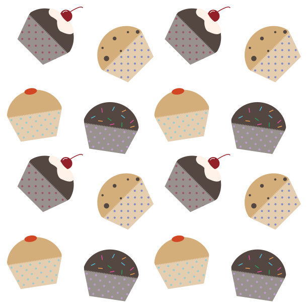 彩色杯蛋糕图案在可爱的扁平。向量蛋糕背景。图片下载