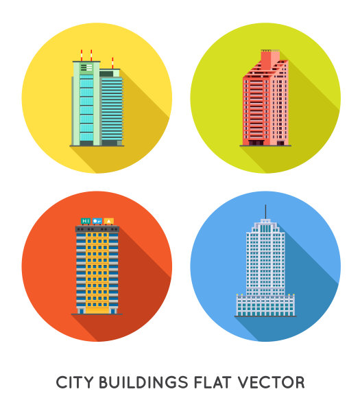 现代城市建筑和房屋。平面矢量图标集。图片下载