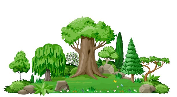 山在公园里，草丛和树木。图片下载