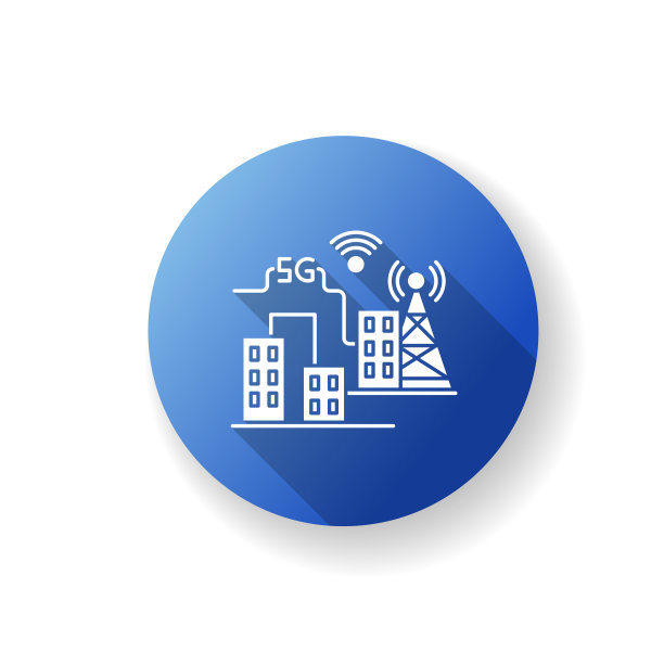 5G智慧城市蓝色平面设计长长的阴影字形图标。城市基础设施的改善。移动蜂窝网络覆盖。无线技术。剪影RGB彩色插图图片下载