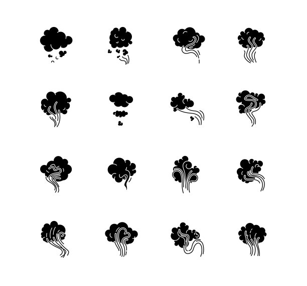气味黑色象形文字图标设置在空白。发射,蒸发。水烟的气味。从大麻香气。烟流。臭,雾。轮廓符号。向量孤立的插图图片下载