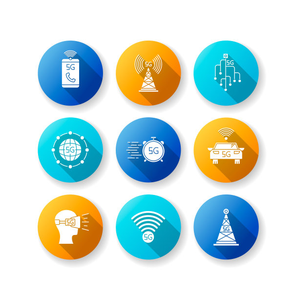 5G无线技术平面设计长阴影字形图标集。手机信号塔，改善了通话。VR耳机。快速连接。移动蜂窝网络。剪影RGB彩色插图图片下载