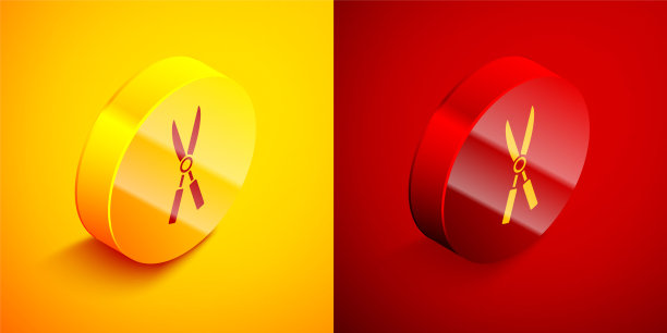 等距园艺手工剪刀修剪图标孤立在橙色和红色的背景。有木柄的修枝剪。圆按钮。矢量图图片下载