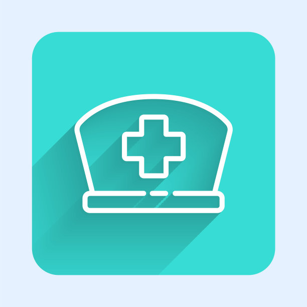 白色线护士帽与十字图标孤立与长阴影。护士帽标志。绿色广场按钮。矢量图图片下载