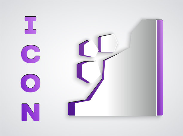 剪纸滑坡图标孤立在灰色背景。石头从岩石上掉下来。巨石从山上滚下来。落石。纸艺术风格。矢量图图片下载