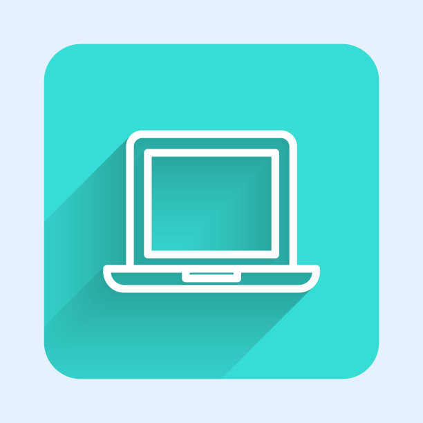 白色线笔记本电脑图标孤立与长阴影。屏幕空的笔记本电脑。绿色广场按钮。矢量图图片下载