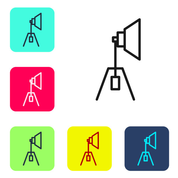 黑线电影聚光灯图标孤立在白色背景上。光的效果。现场,工作室,显示。设置图标的颜色方形按钮。矢量图图片下载