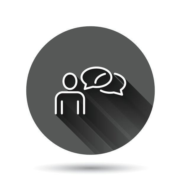 人与语音气泡图标在平面风格。聊天矢量插图上的黑色圆形背景与长阴影效果。说话人对话圈按钮经营理念。图片下载