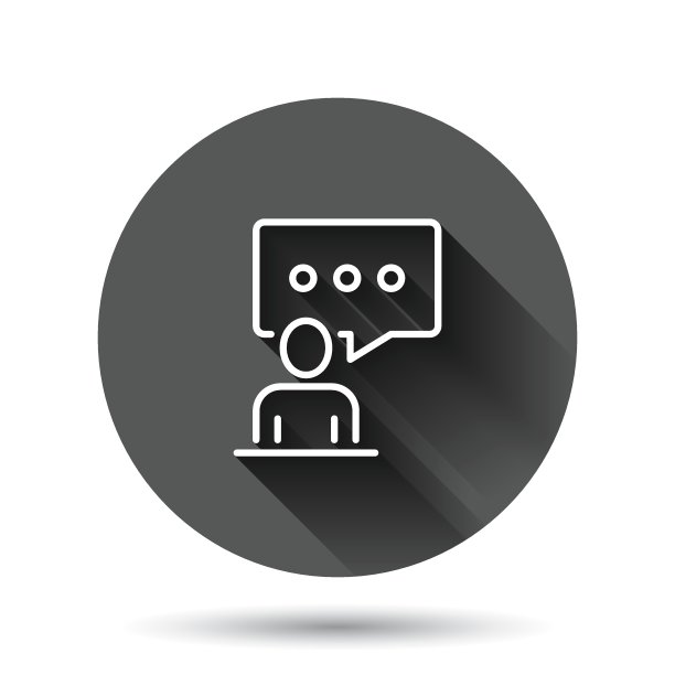 人与语音气泡图标在平面风格。聊天矢量插图上的黑色圆形背景与长阴影效果。说话人对话圈按钮经营理念。图片下载