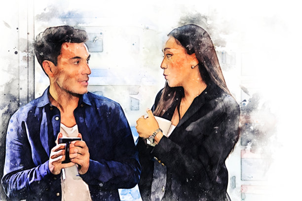 抽象商业伙伴的谈话和讨论的水彩插图绘画背景。图片下载