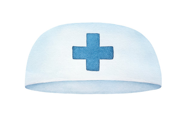 水彩插图白色医疗帽与蓝色十字标志。一个物体，正面。手绘水彩画在白色的背景，剪切剪辑艺术元素的设计，横幅，卡片。图片下载