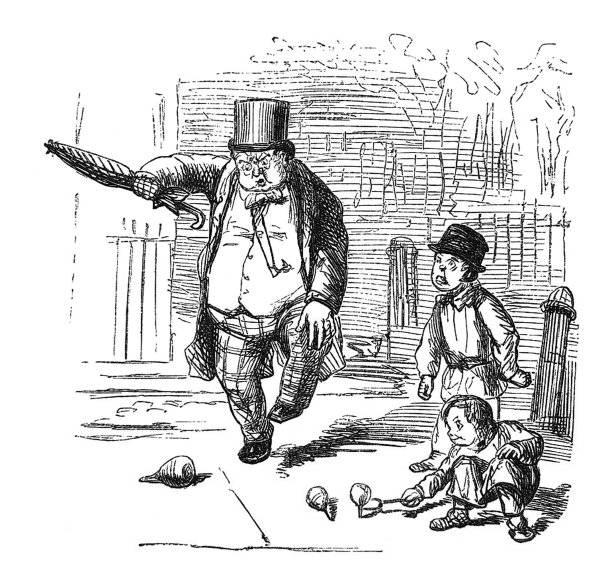 英国讽刺漫画漫画插图-男人在人行道上沮丧的男孩玩旋转陀螺图片下载