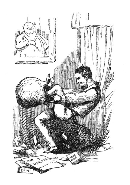 英国讽刺漫画漫画插图-男人用他的脚把东西塞进一个袋子图片下载