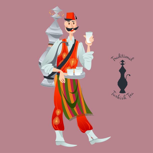 穿着民族服装的土耳其街头小贩出售传统饮料(热茶、果子露、希拉葡萄汁)。图片下载