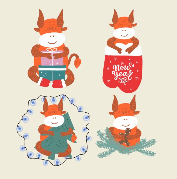 可爱的中国新年公牛设定2021年。牛用礼盒，红袜子，花环，常青树。手绘插图贺卡，海报。网络元素。图片下载