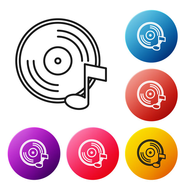 黑线黑胶盘图标隔离在白色背景。设置彩色圆形按钮图标。向量图片下载