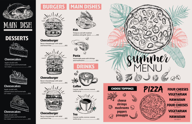 夏季菜单。餐厅菜品菜单设计，手绘插画。向量食品传单。图片下载