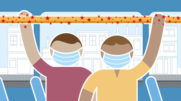 简化画:戴着蓝色防护口罩的人站在一辆公交车上，手拿着管子，表面感染了病毒。矢量图图片下载