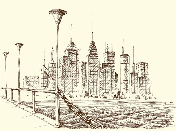 摩天大楼全景城市从桥梁草图图片下载