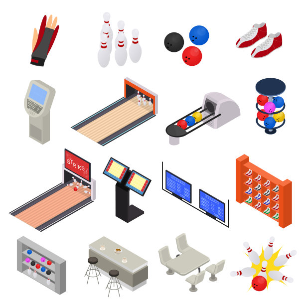 保龄球游戏标志3d图标设置等角视图图片下载