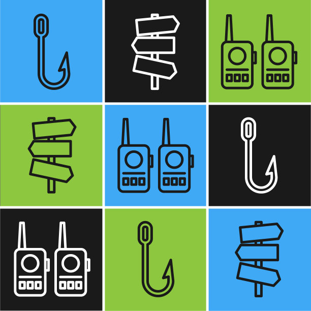 设置鱼钩、对讲机和道路交通路标图标。向量图片下载