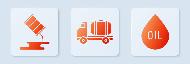 设置油罐车，桶油泄漏和落油。白色正方形按钮。向量图片下载