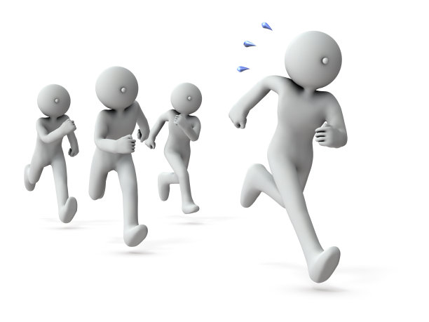 四个人物赛车。他们是竞争对手。白色背景。3 d演示。图片下载