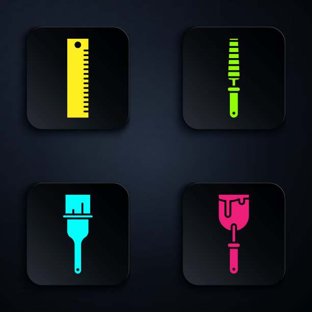 设置油灰刀，直尺，油漆刷和凿木工具。黑色方形按钮。向量图片下载